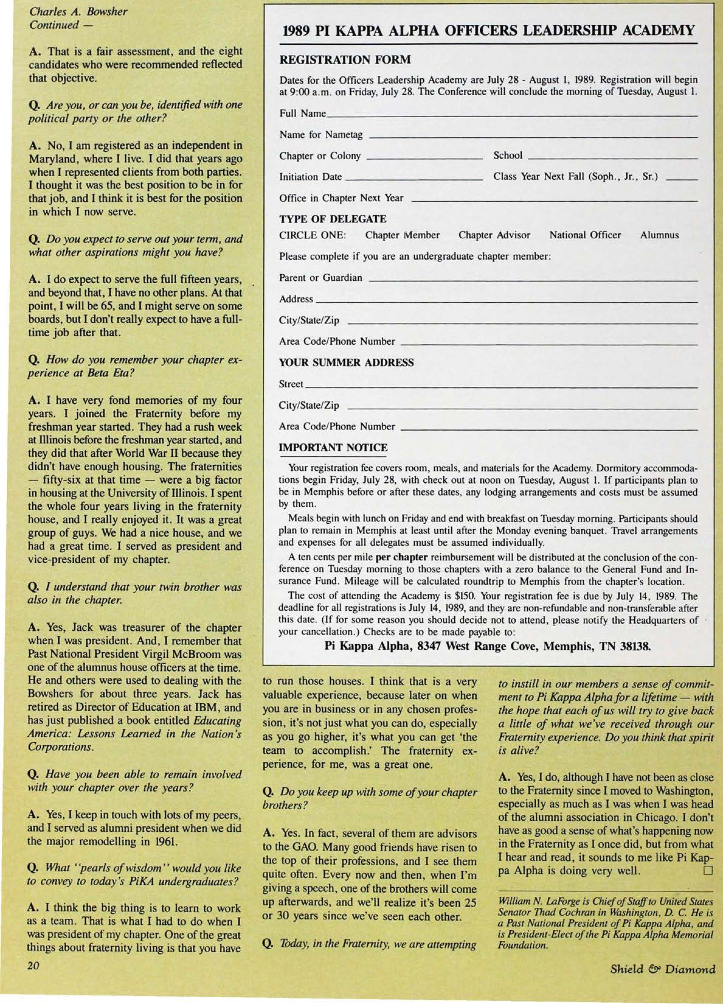 1989 Pi Kappa Alpha Officers Leadership Academy, Form June 1989